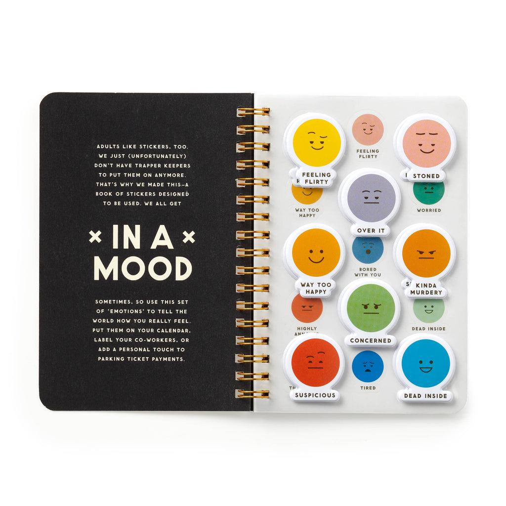 In a Mood sticker book with colorful emoji stickers for planners, calendars, and journals