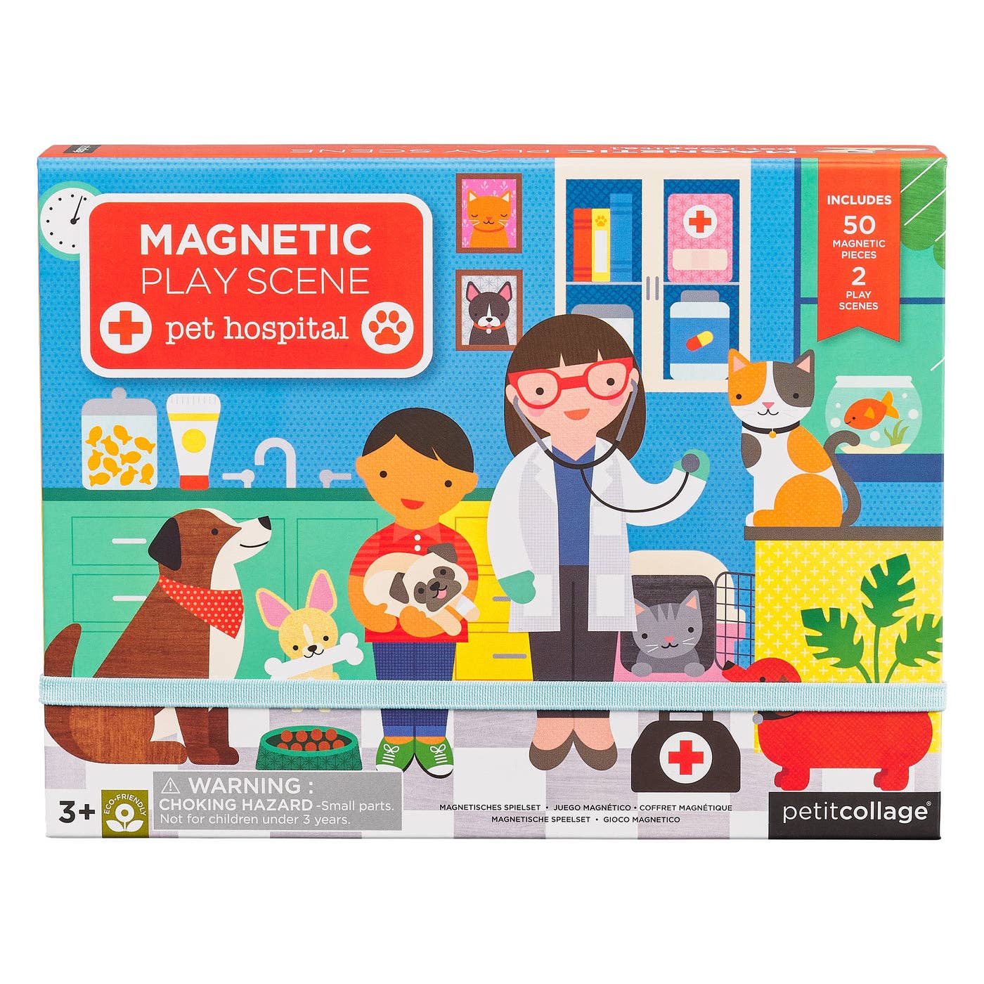 Magnetic pet hospital play set with vet, dogs, cats, 50 pieces for kids 3+