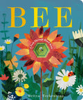 Board book cover with colorful flowers and the title 'BEE' on a blue background