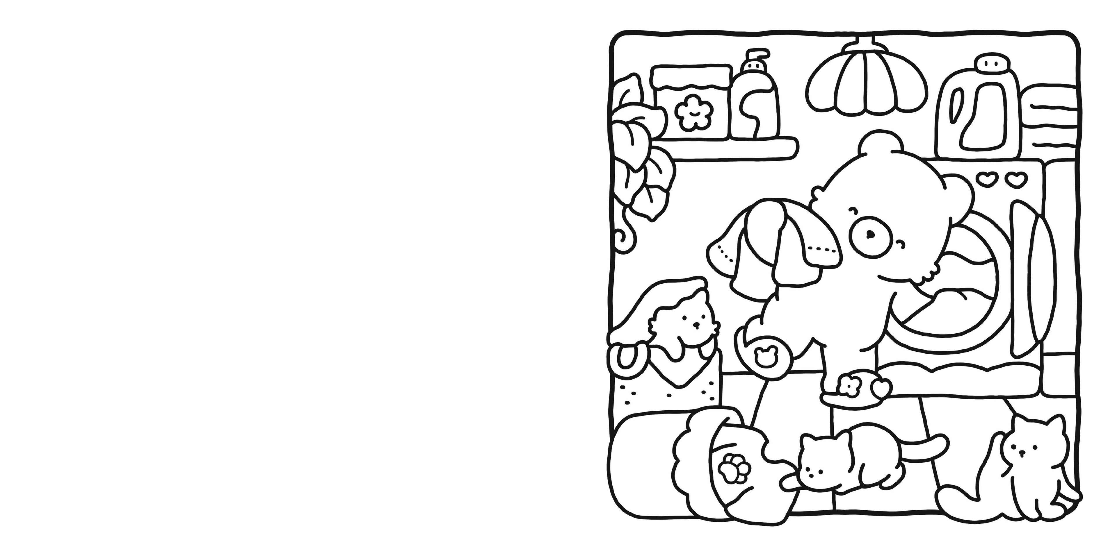 Black and white line drawing of a room with various objects and a person lying on a bed.