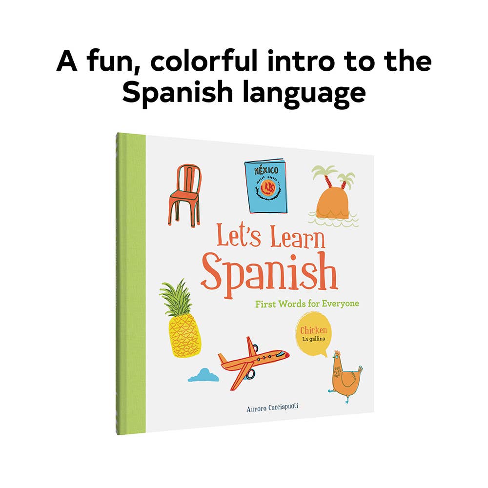 Colorful Spanish language book for kids, 'Let's Learn Spanish' with fun illustrations for early learners
