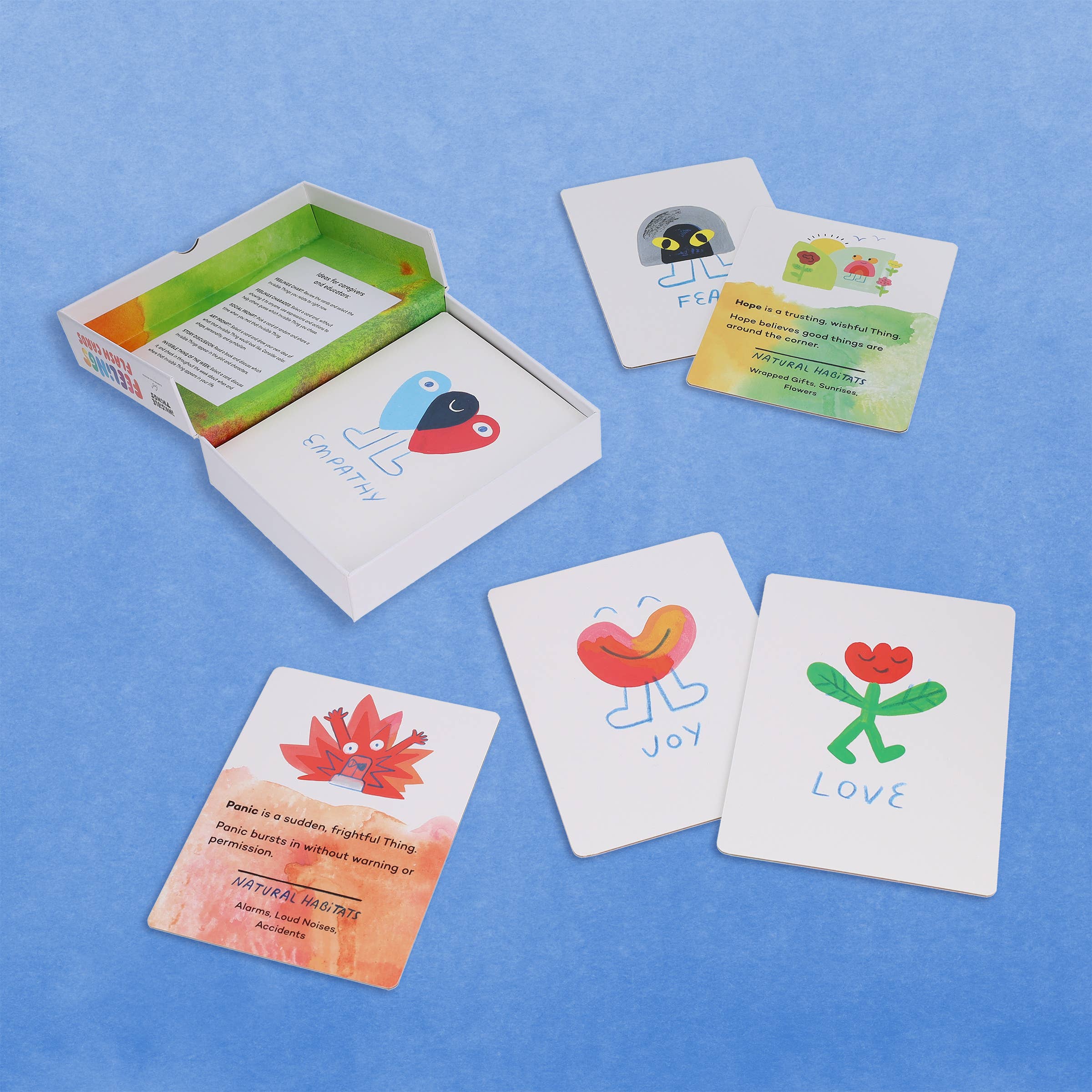 Empathy flash cards for kids, teaching emotions like joy, love, and hope with colorful illustrations and natural habitats themes