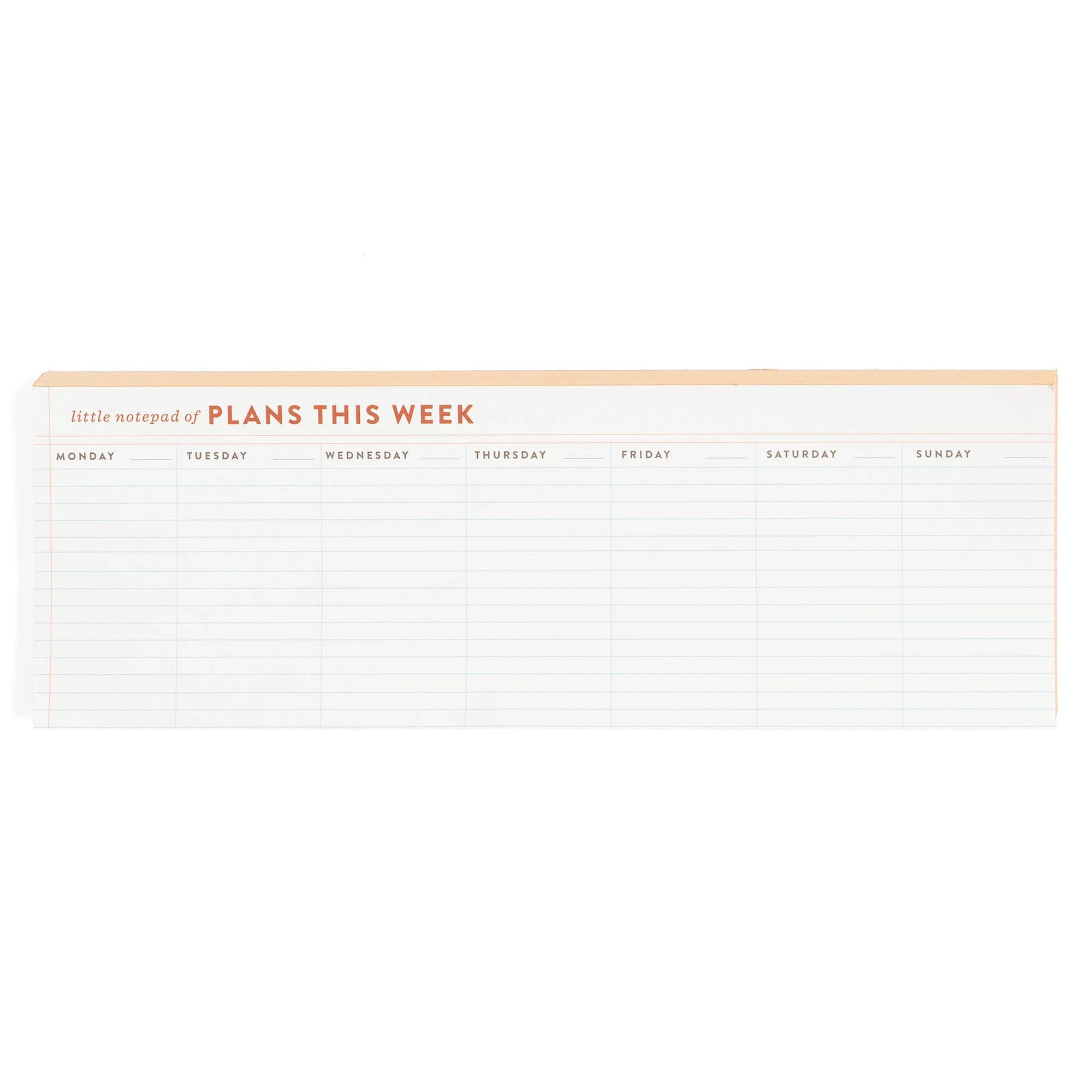 Weekly planner pad with days of the week printed on a white background