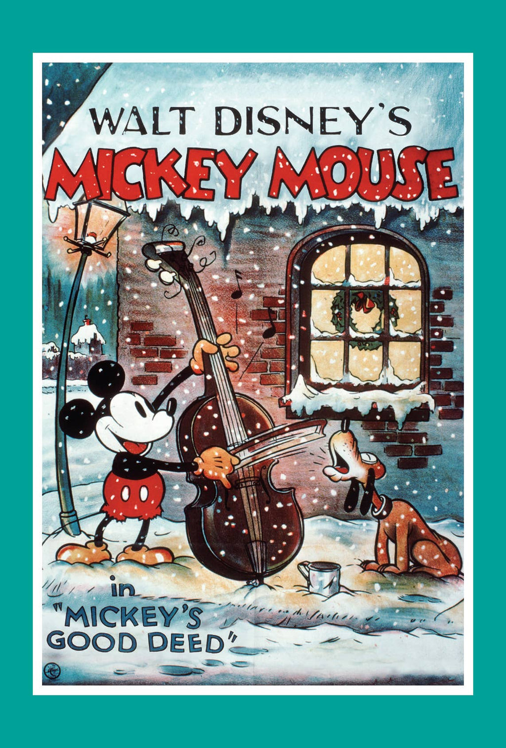 Mickey Mouse playing cello in snow with Pluto, vintage Disney poster for 'Mickey's Good Deed'
