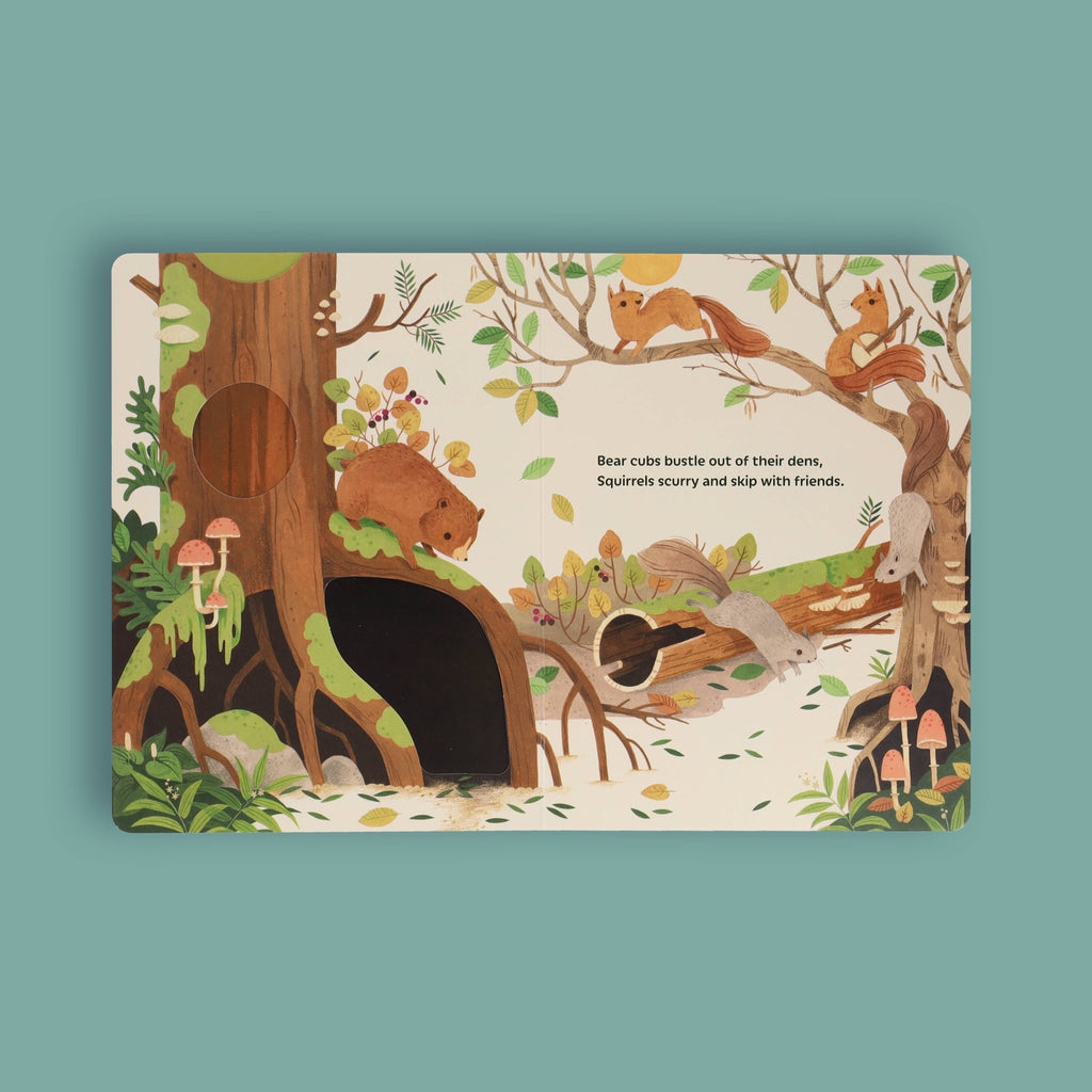 Bear cubs and squirrels in a forest scene, perfect for cozy reads and intentional play