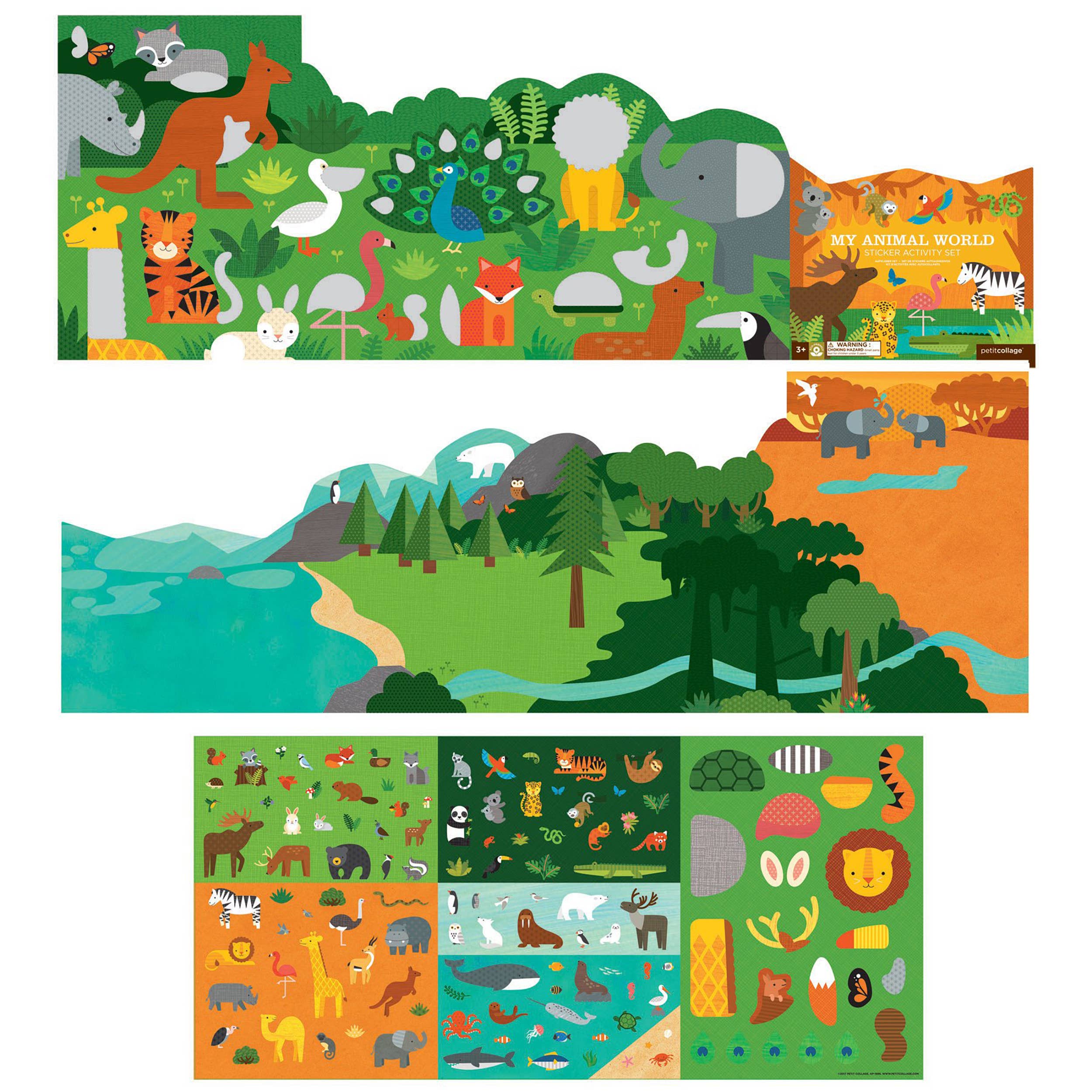 My Animal World sticker activity set with colorful jungle, forest, and ocean scenes for kids' creative play