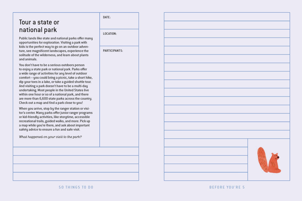 Printable kids activity sheet for touring state or national parks with fill-in sections and a squirrel illustration