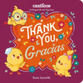 Book cover of 'Thank You, Gracias' with cartoon chicks and colorful design