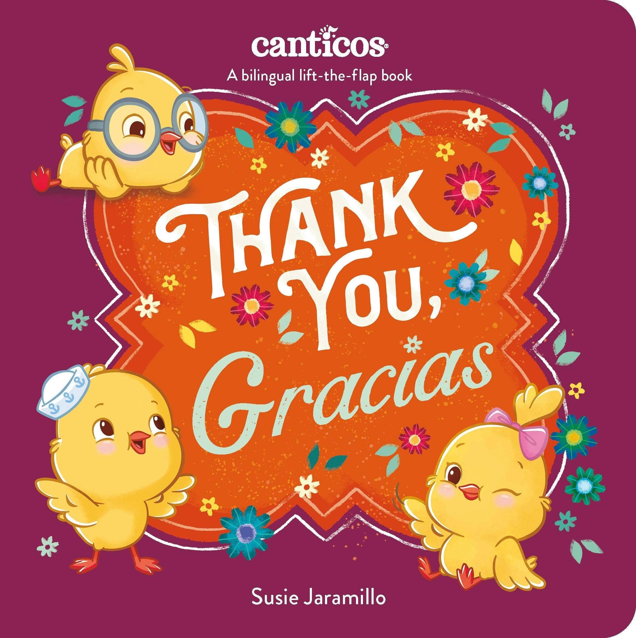 Book cover of 'Thank You, Gracias' with cartoon chicks and colorful design