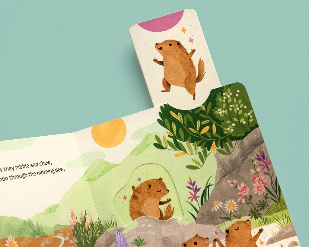 Adorable illustrated children's book with playful groundhogs in a sunny garden, perfect for cozy reads and intentional play.