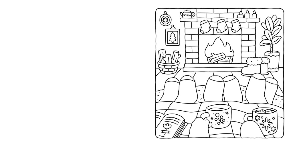 Black and white line drawing of a cozy living room with a fireplace, books, and a mug.