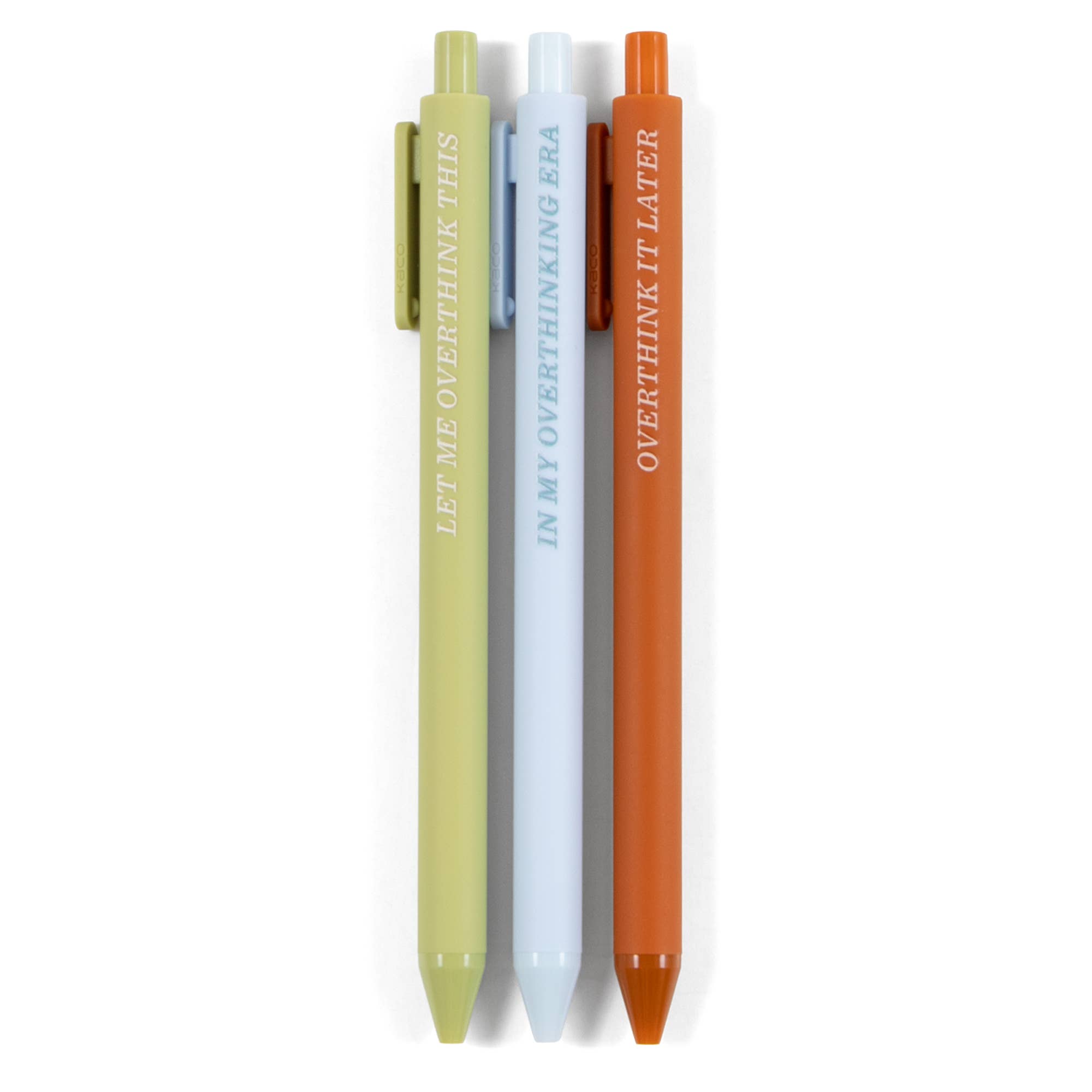 Three colorful pens with witty overthinker quotes, perfect for planners and journaling