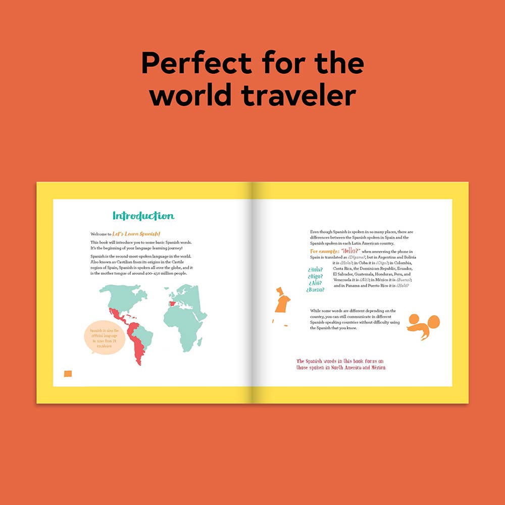 Open Spanish learning book for kids with world map, perfect for young world travelers and language learners