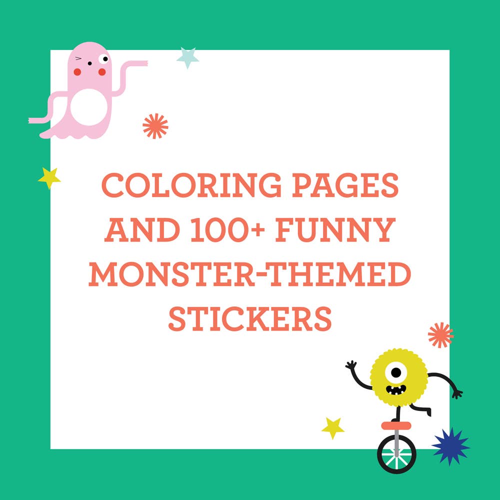 Coloring pages and 100+ funny monster-themed stickers for kids’ creative play and fun activities