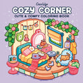 Coloring book cover titled 'Cozy Corner' with a bedroom illustration on a purple background.