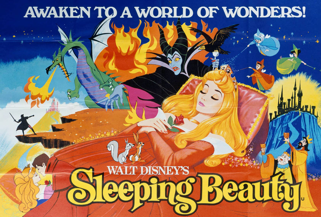 Walt Disney's Sleeping Beauty movie poster with Aurora, Maleficent dragon, fairies, and castle