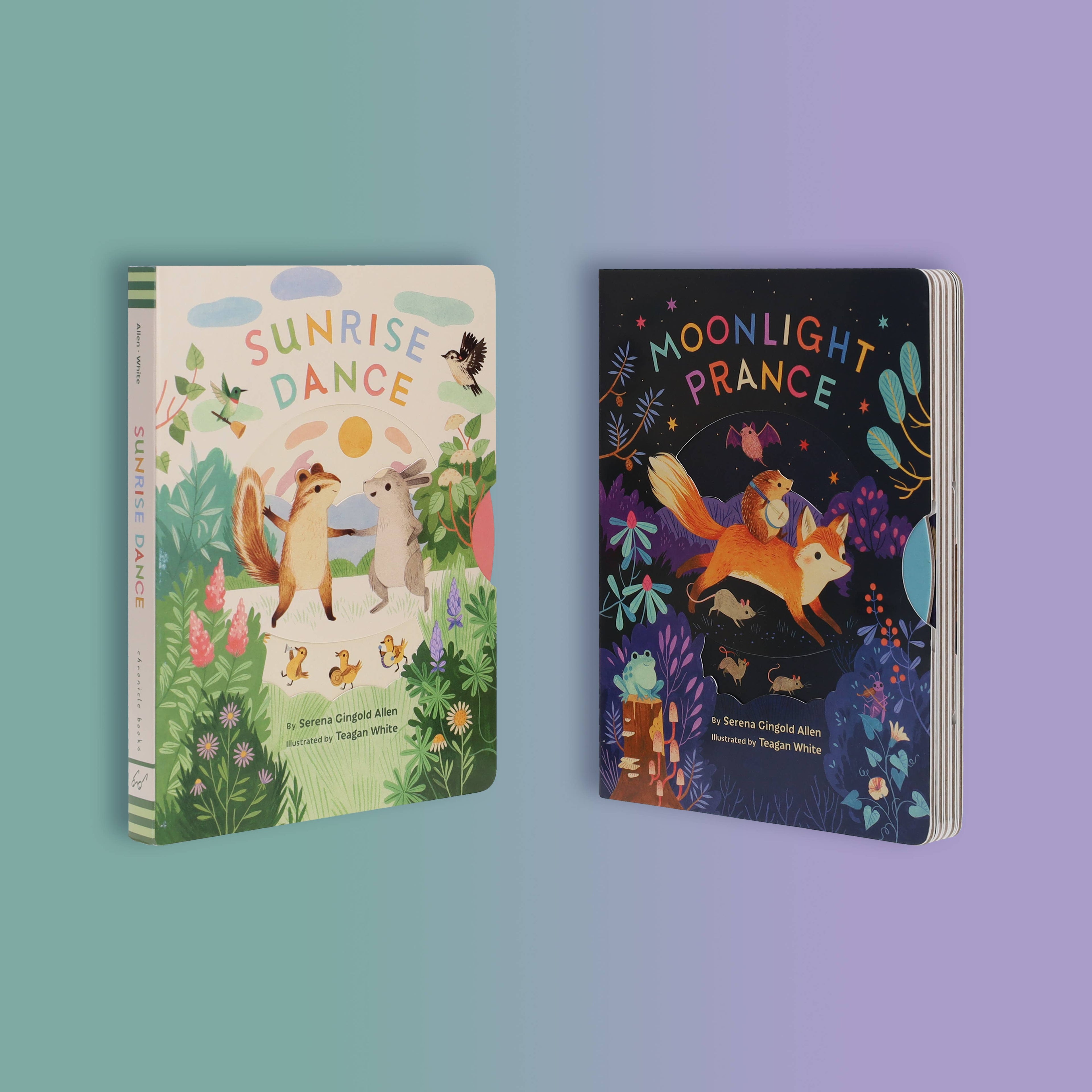 Sunrise Dance and Moonlight Prance children's books with colorful animal illustrations for cozy family reading