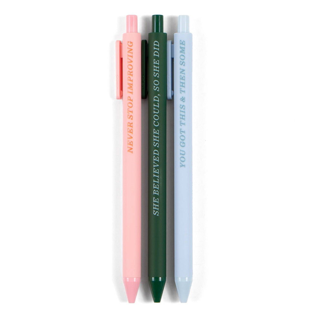 Motivational pens with quotes: 'Never Stop Improving,' 'She Believed She Could,' 'You Got This' — perfect for planners and intentional play.