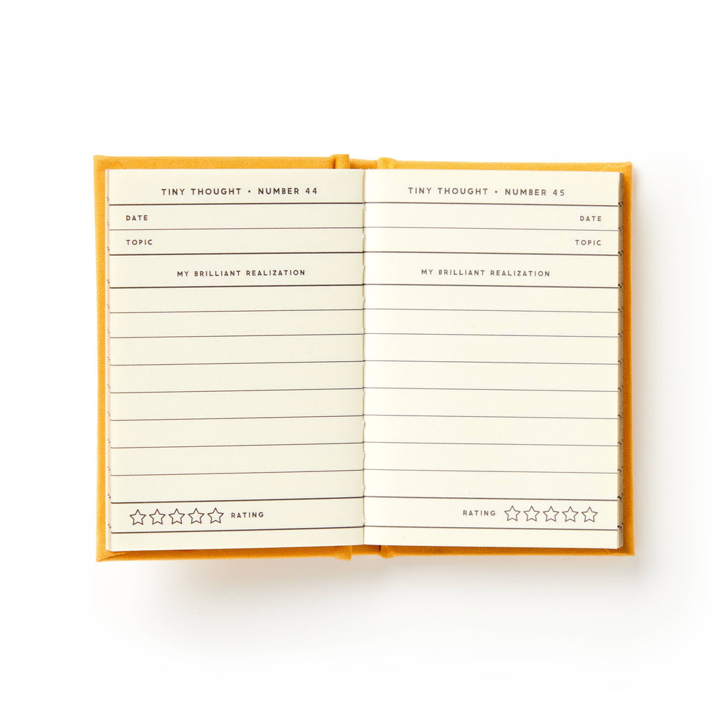 Yellow journal with lined pages for tiny thoughts, date, topic, and star ratings