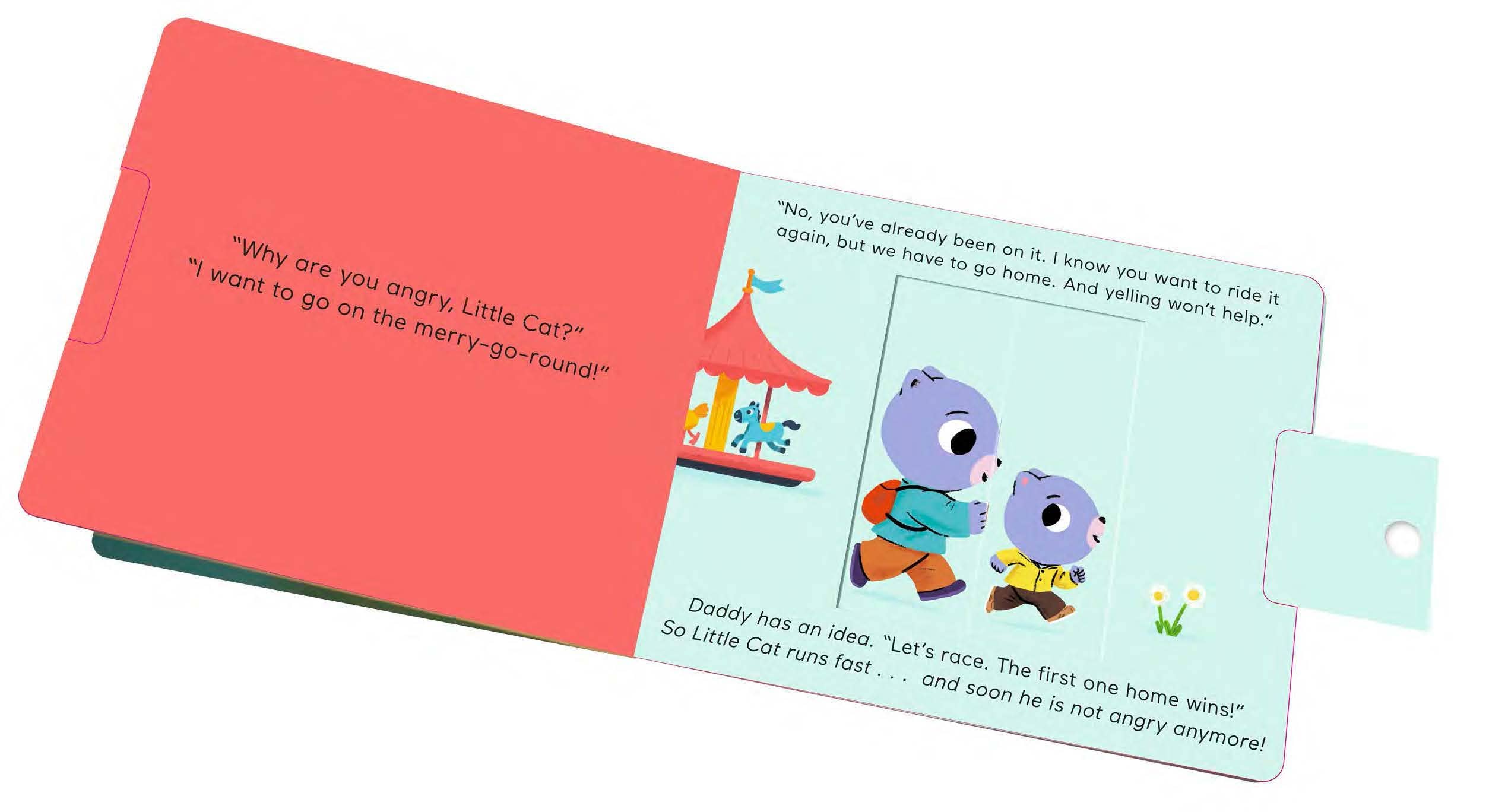 Children's board book page with Little Cat and Daddy at a merry-go-round, teaching emotional regulation through playful story.