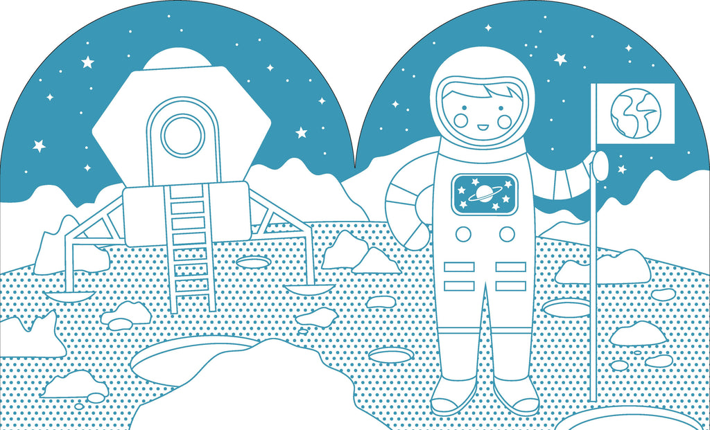 Cute astronaut on moon with space station, stars, and Earth flag — perfect for kids' space-themed toys and books.