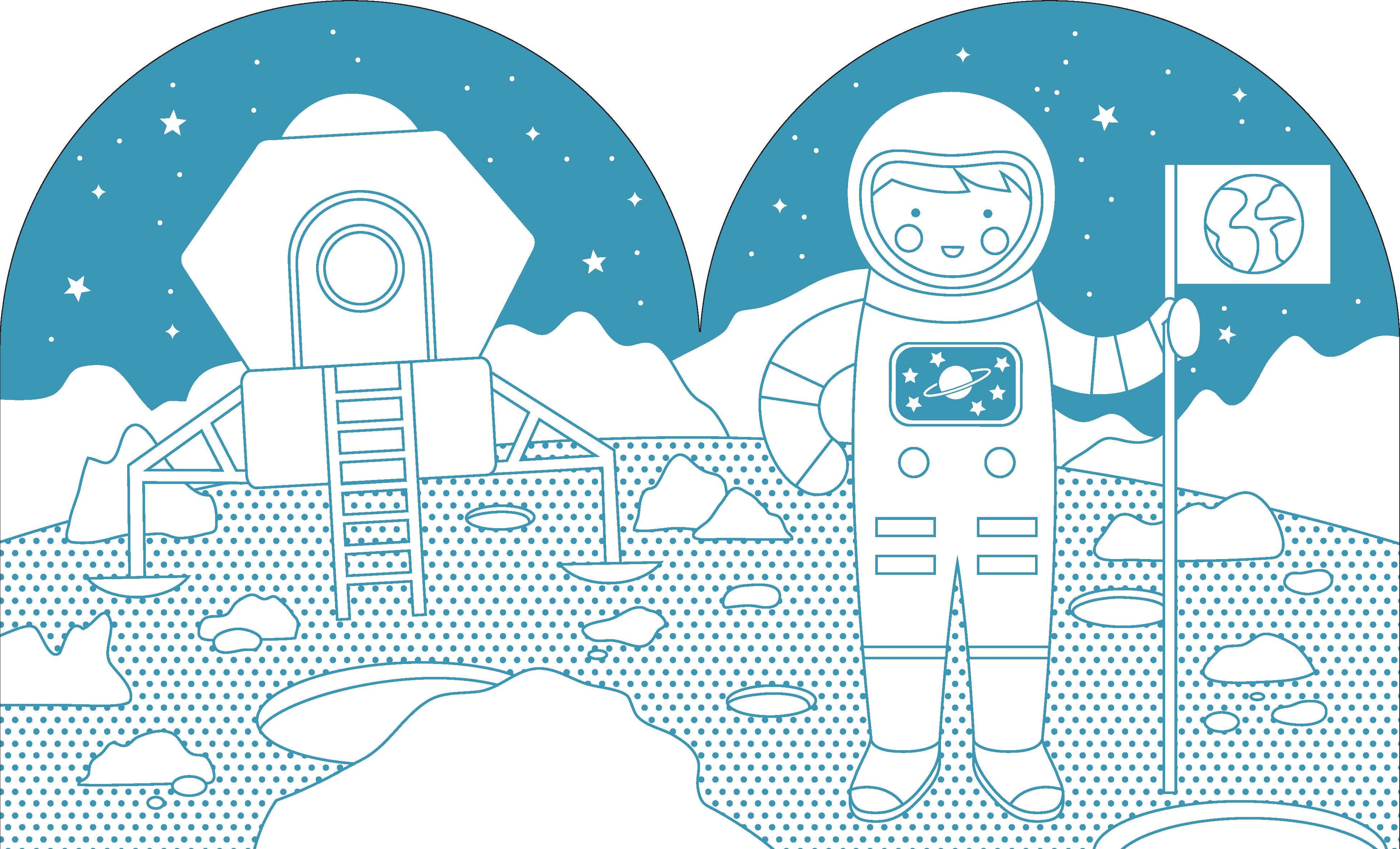 Cute astronaut on moon with space station, stars, and Earth flag — perfect for kids' space-themed toys and books.