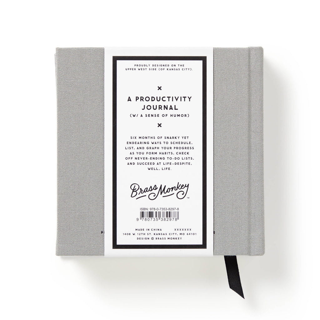 Gray fabric-covered productivity journal with humor, by Brass Monkey, featuring 6-month planner & black ribbon bookmark