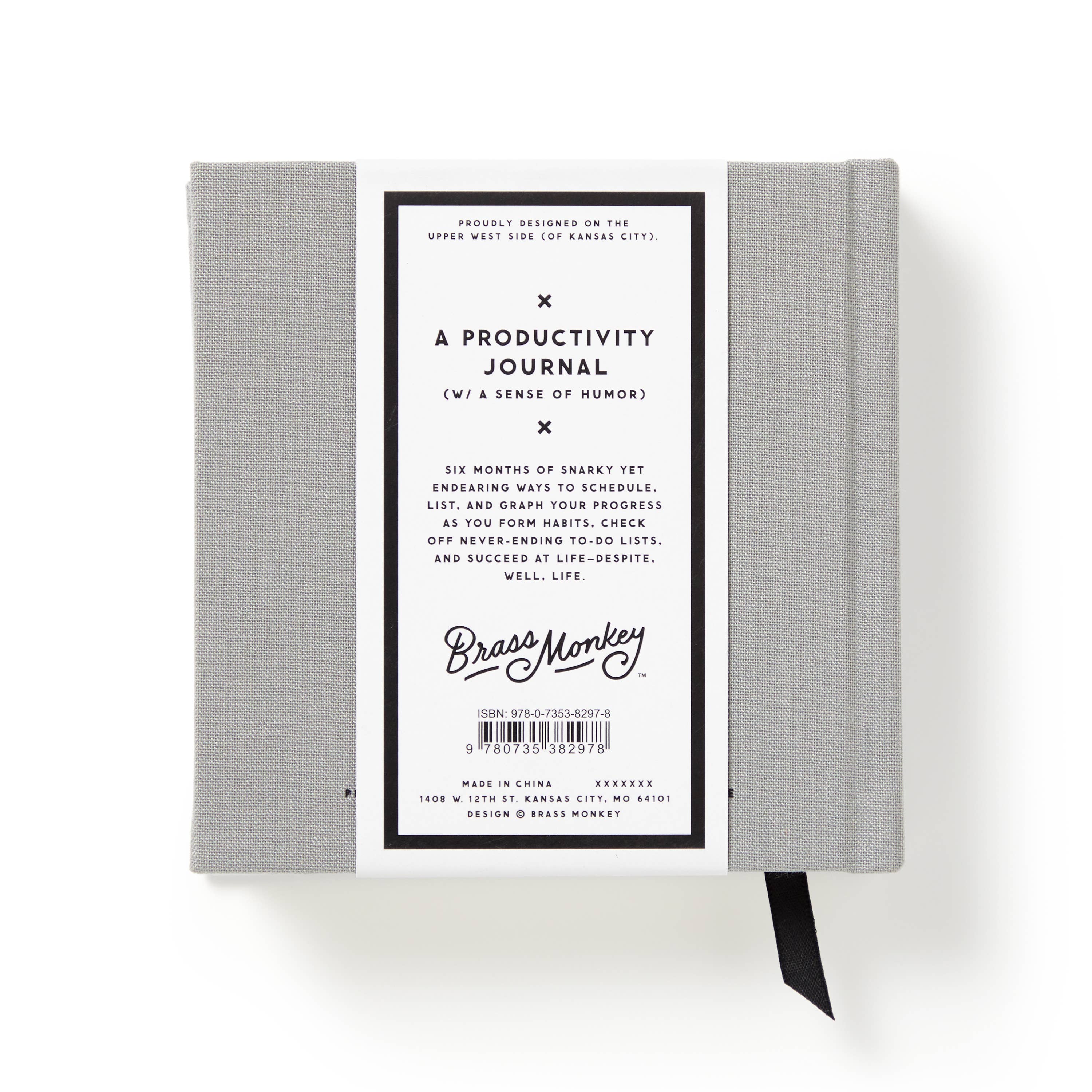 Gray fabric-covered productivity journal with humor, by Brass Monkey, featuring 6-month planner & black ribbon bookmark