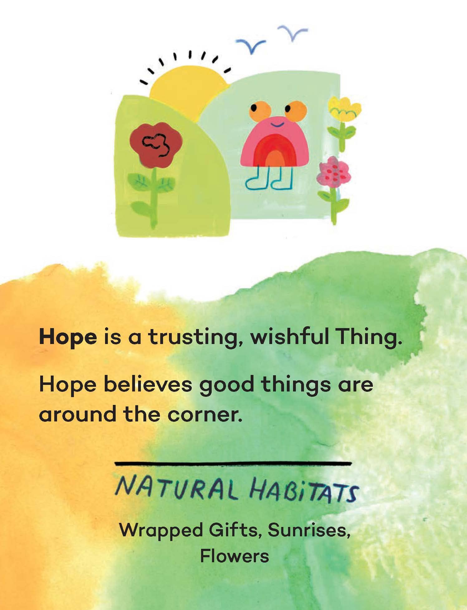 Hope quote illustration with flowers, sunrise, and cheerful character — perfect for thoughtful gifts and cozy moments