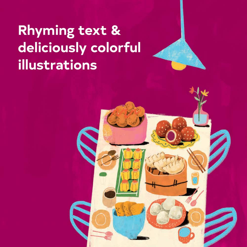 Colorful illustrated children's book with rhyming text, featuring cozy breakfast table scene and playful food art