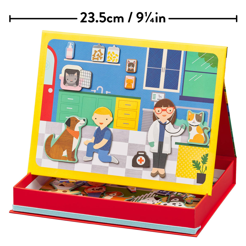 Wooden magnetic pet vet playset with doctor, dog, cat, and accessories for imaginative play