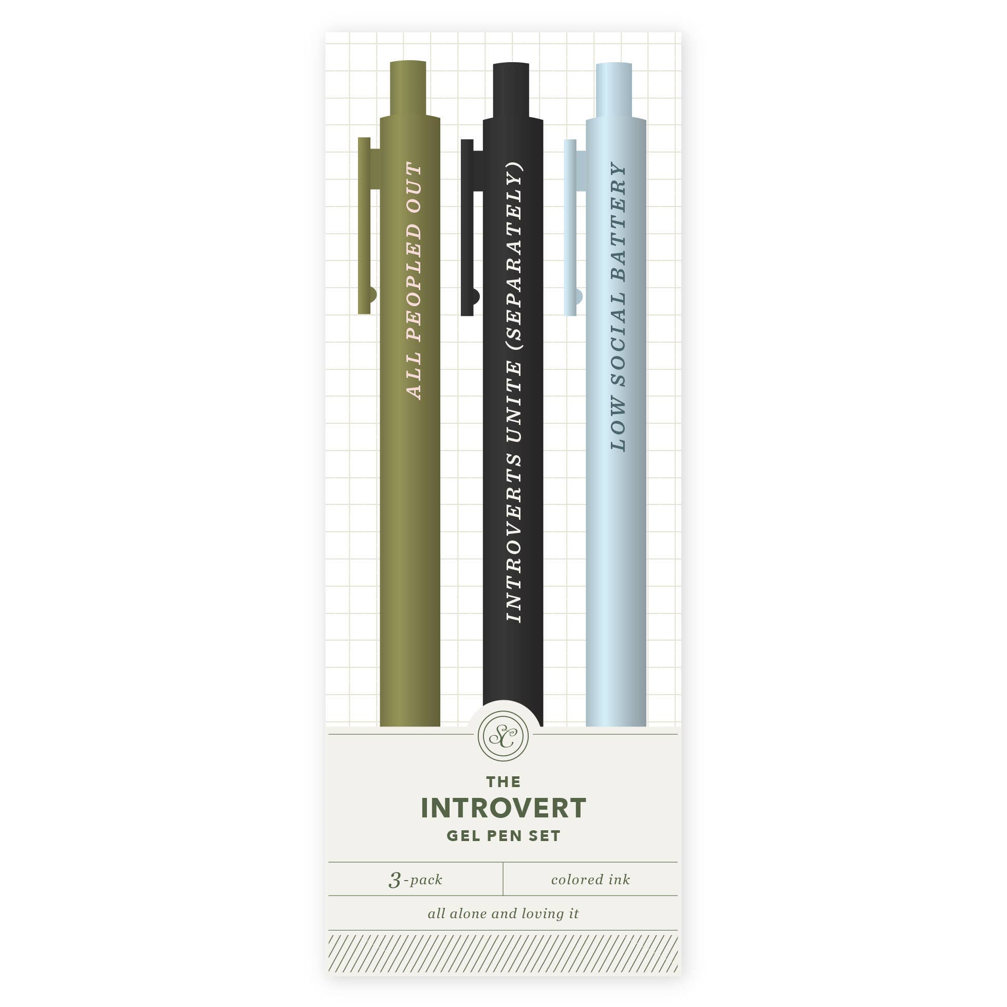 The Introvert Gel Pen Set with three colored pens and witty phrases for thoughtful writing