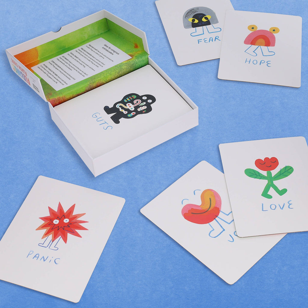 Emotion cards for kids featuring feelings like love, fear, hope, panic, and guts — ideal for family play and emotional learning.
