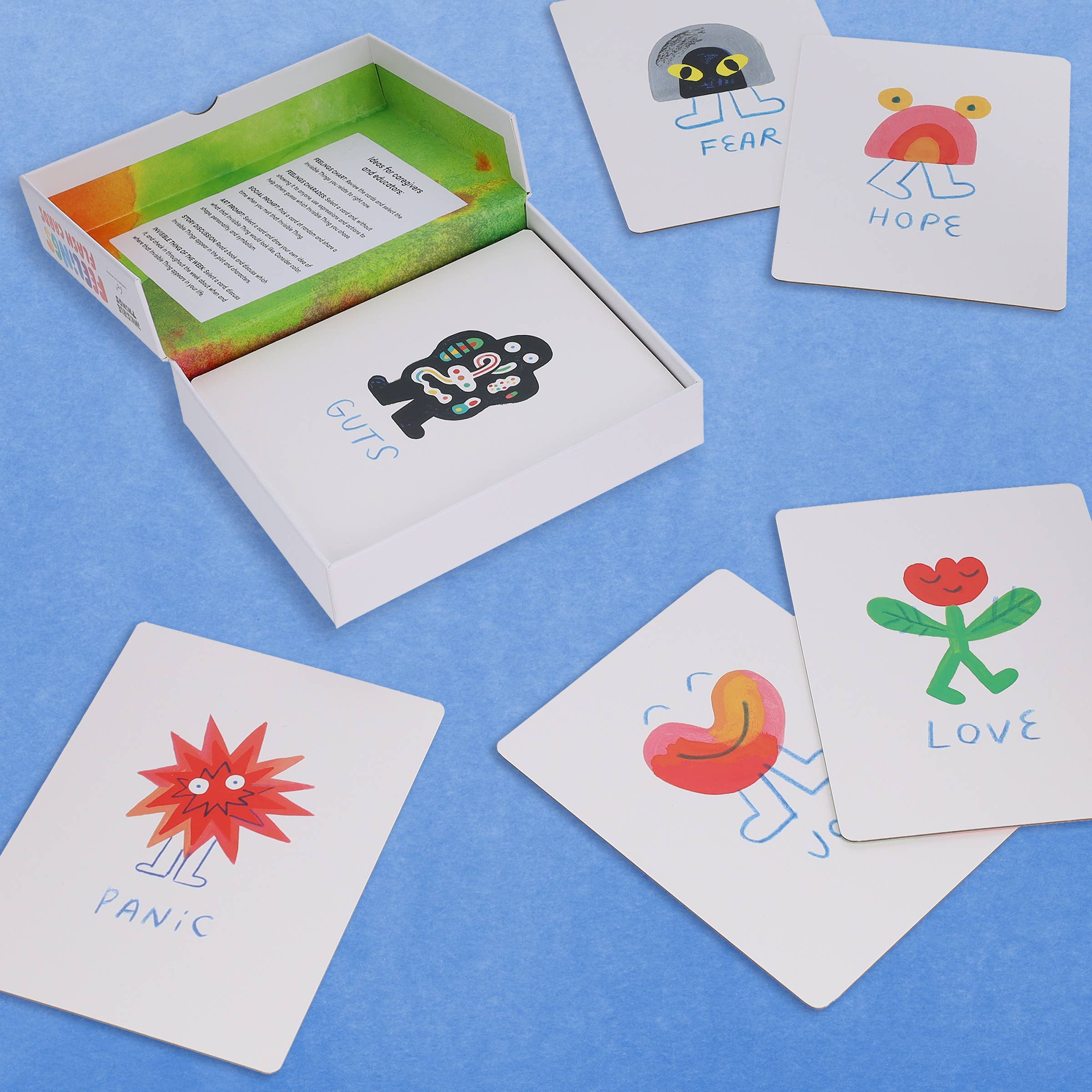 Emotion cards for kids featuring feelings like love, fear, hope, panic, and guts — ideal for family play and emotional learning.