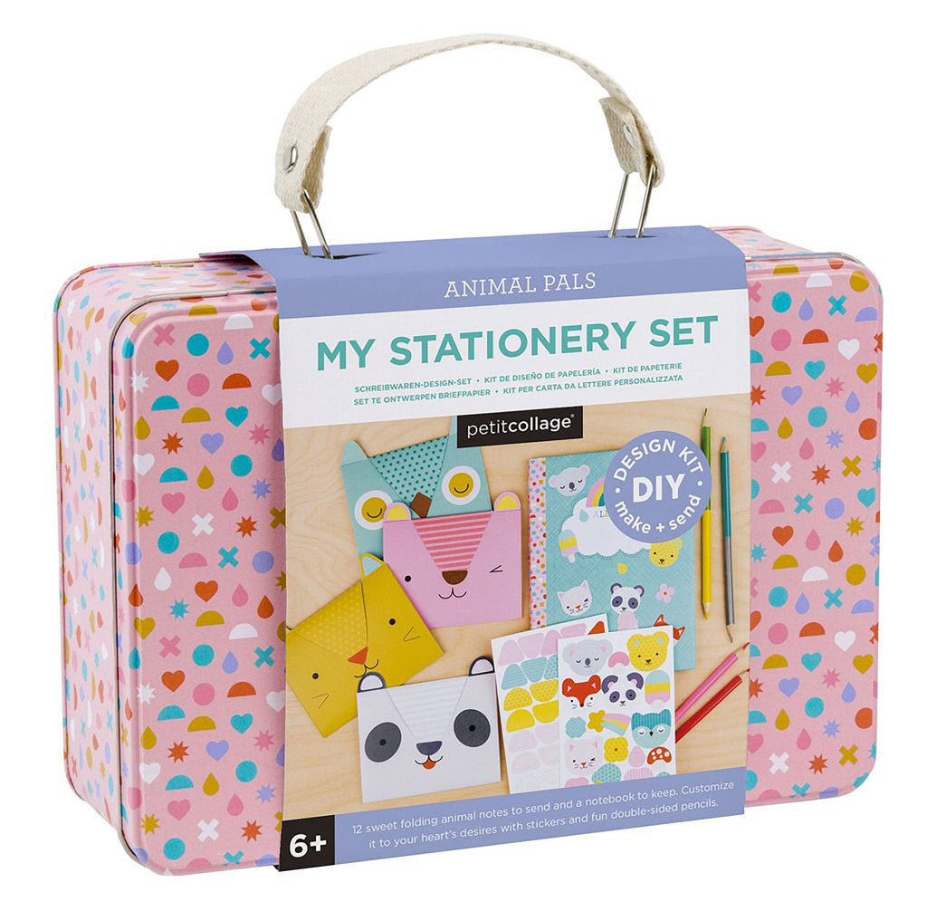 Petitcollage Animal Pals DIY stationery set with folding animal notes, stickers, and pencils in a pink patterned tin