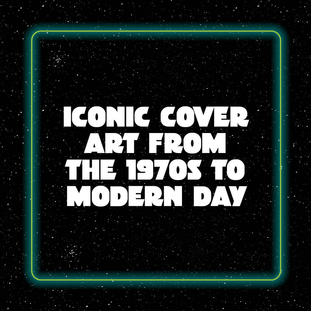 Iconic cover art from the 1970s to modern day, cosmic background with glowing frame