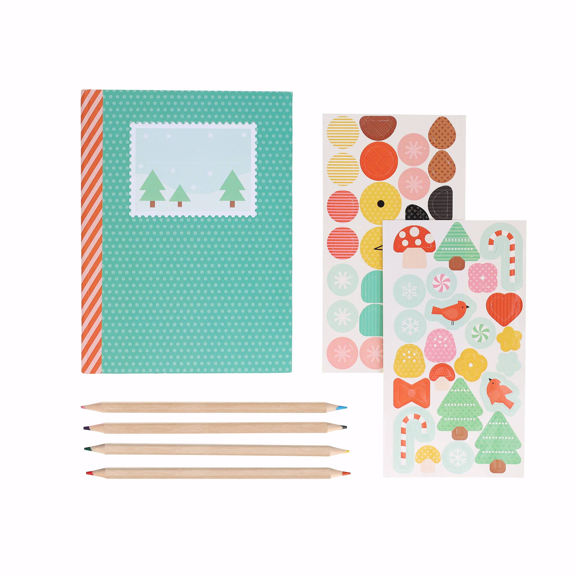 Set of stationery items including a notebook, stickers, and pencils on a white background