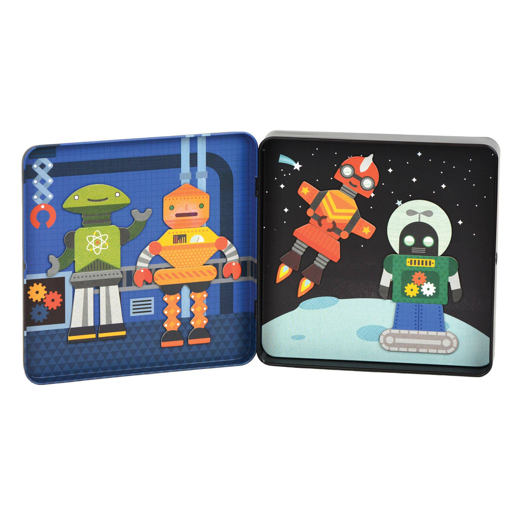 Colorful robot magnetic play set with space and lab scenes for kids' imaginative play