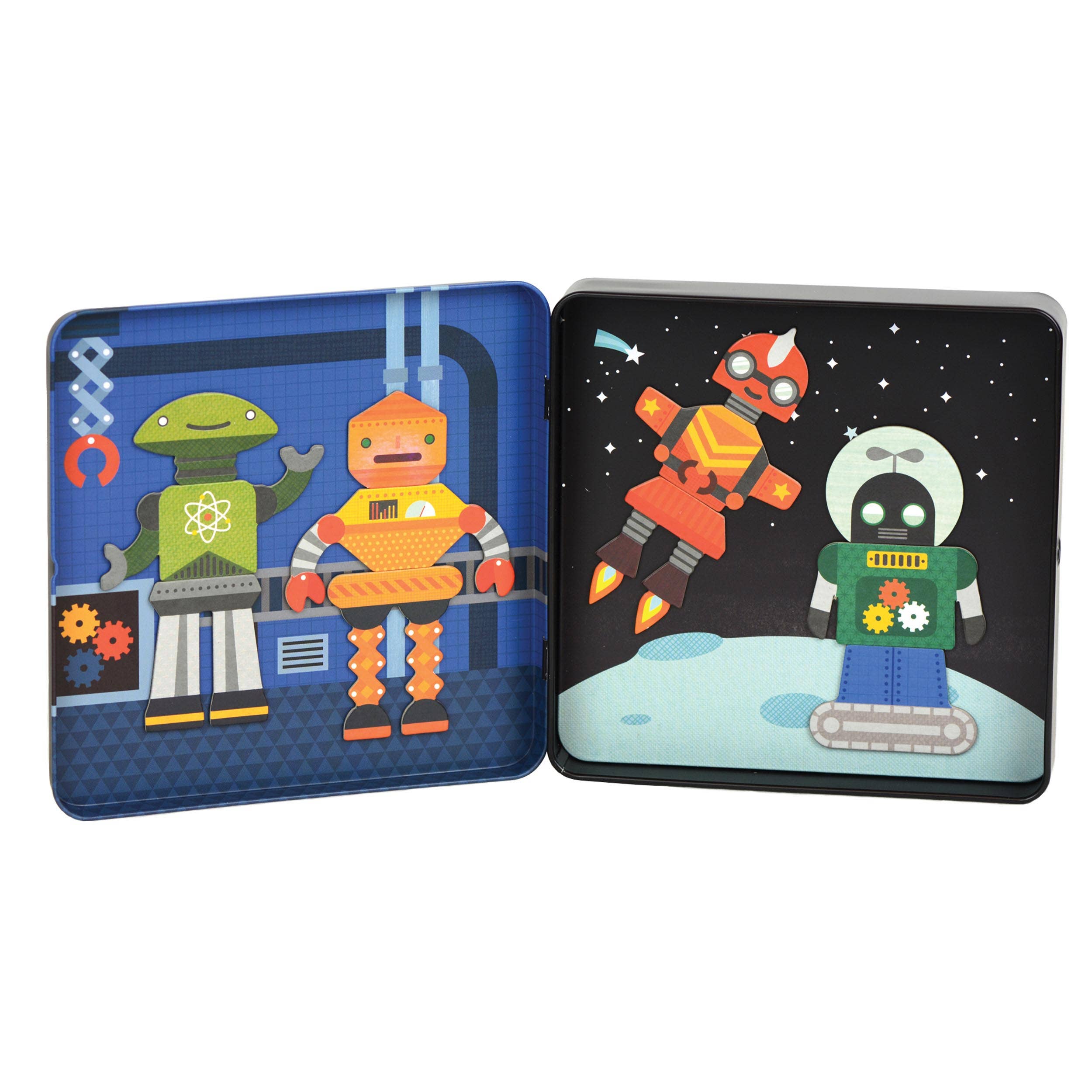 Colorful robot magnetic play set with space and lab scenes for kids' imaginative play