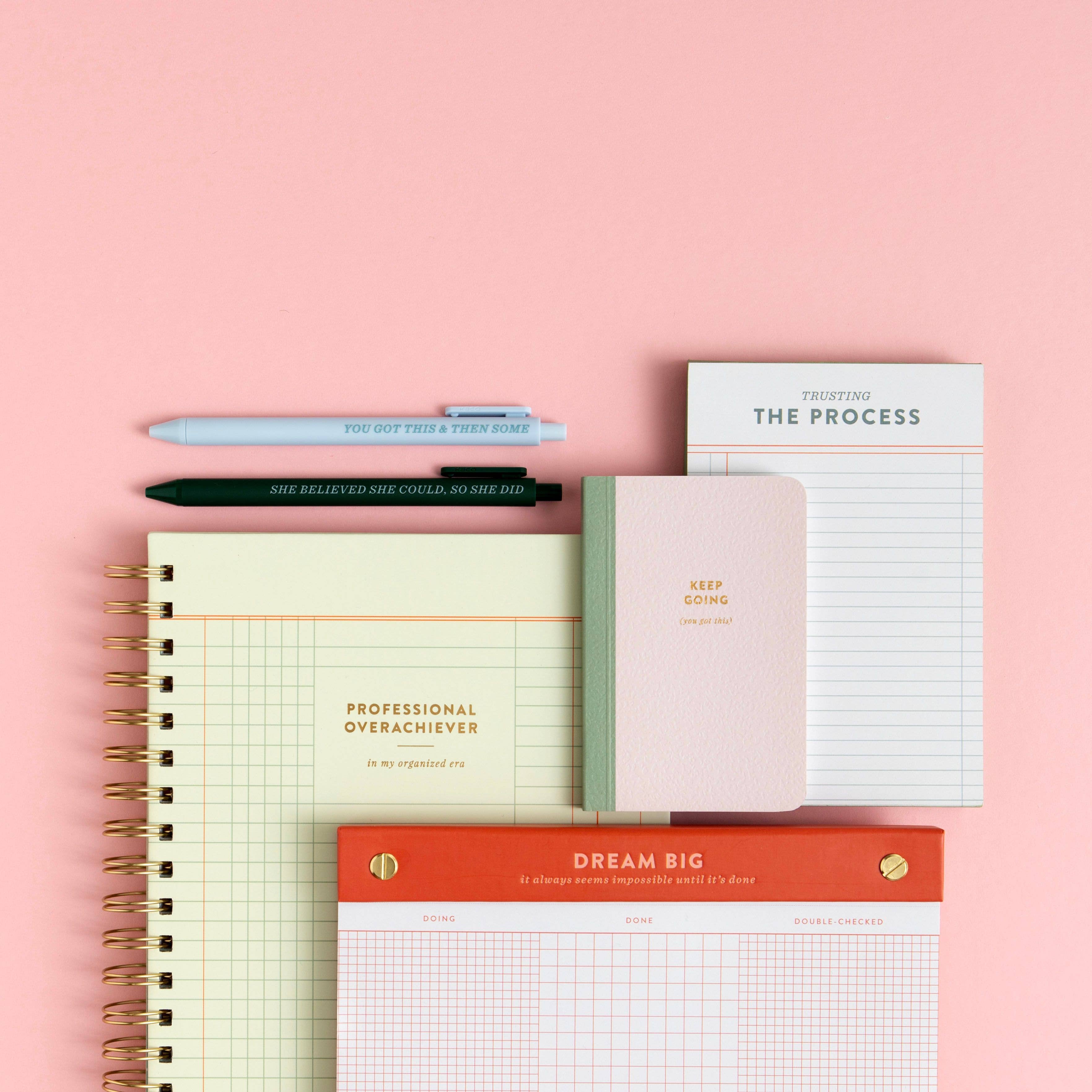 Set of planners and a pen on a pink background