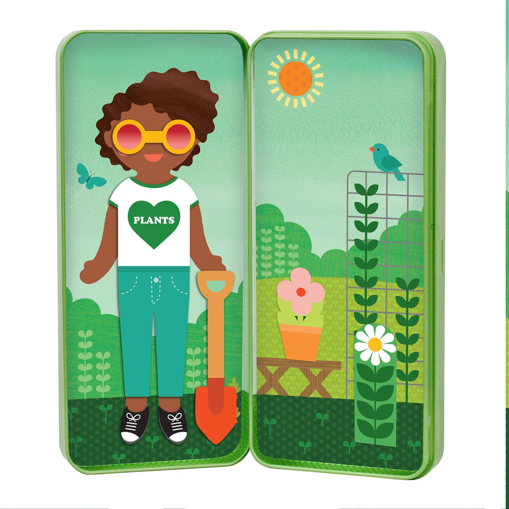 Kids gardening playset with paper doll, shovel, flowers, and sunny garden scene for imaginative play