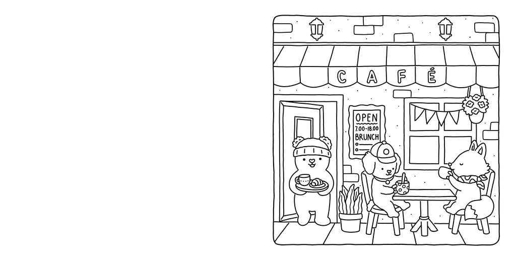 Illustration of a cafe with cartoon animals enjoying a meal.