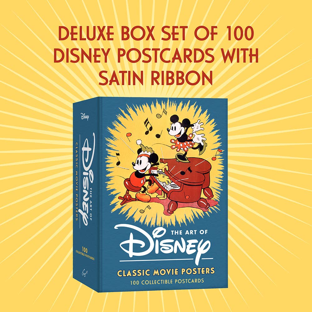 Deluxe box set of 100 Disney postcards with satin ribbon, featuring Mickey & Minnie on piano, classic movie posters