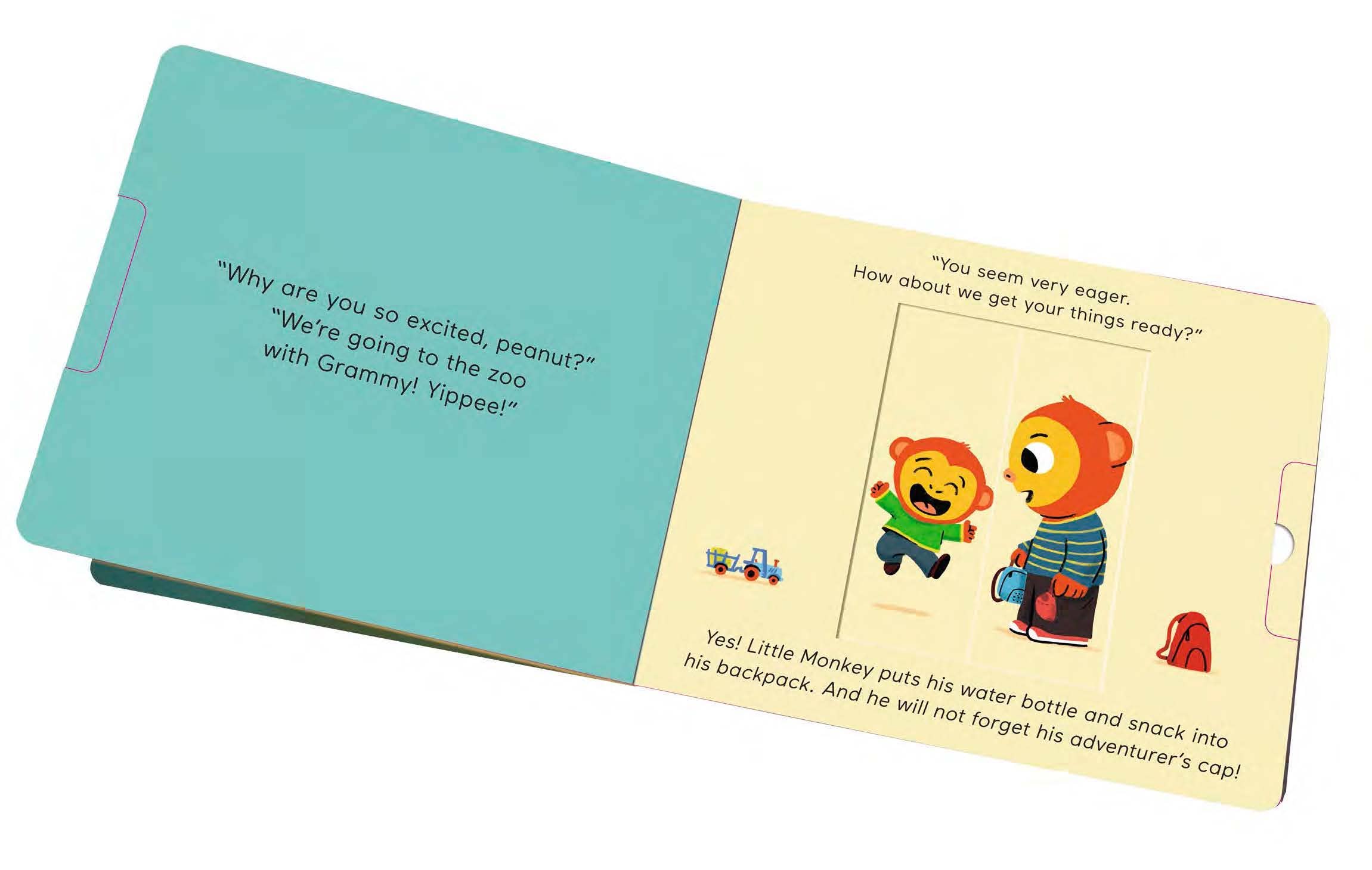 Children's board book page with Little Monkey packing for zoo trip, ideal for cozy reads and intentional play