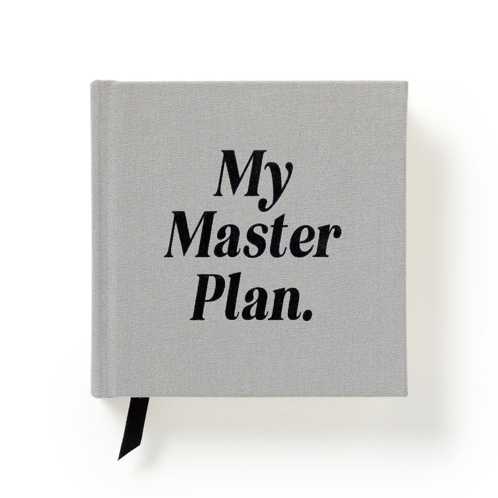 Gray fabric journal with 'My Master Plan.' text and black ribbon bookmark, ideal for planners and intentional living.