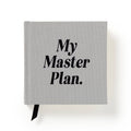 Gray fabric journal with 'My Master Plan.' text and black ribbon bookmark, ideal for planners and intentional living.