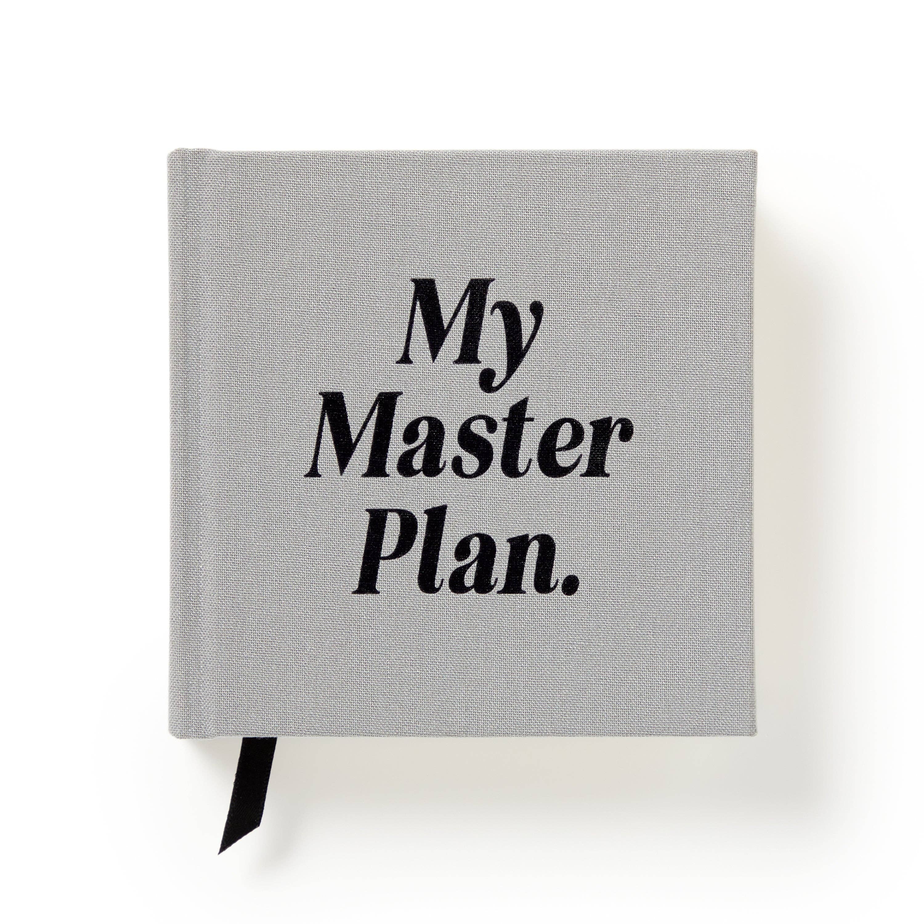 Gray fabric journal with 'My Master Plan.' text and black ribbon bookmark, ideal for planners and intentional living.