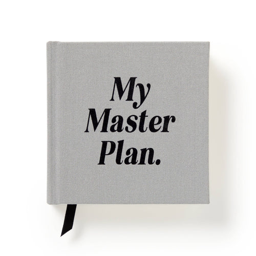 Gray fabric journal with 'My Master Plan.' text and black ribbon bookmark, ideal for planners and intentional living.