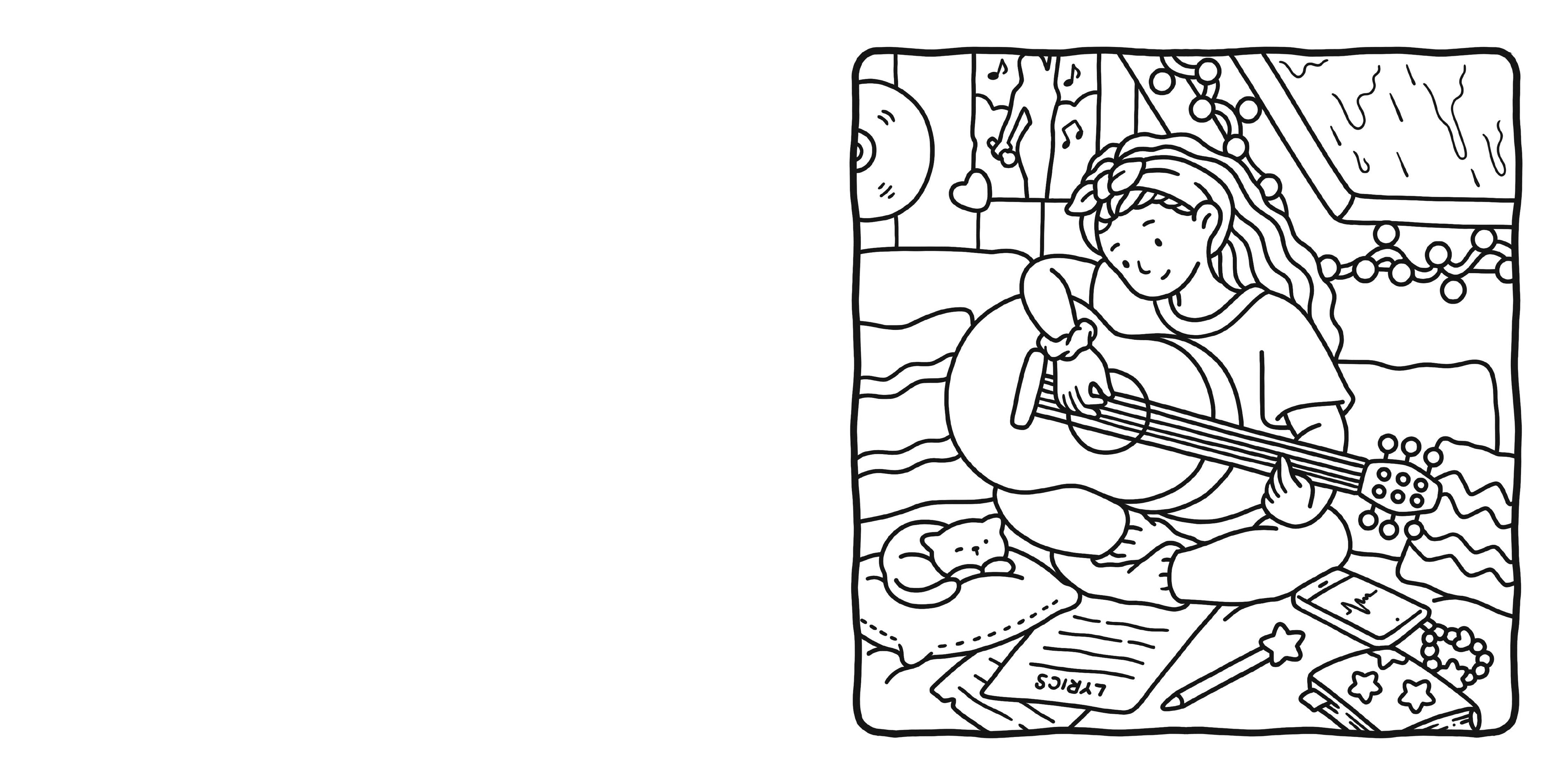 Black and white illustration of a person playing a guitar with a decorative border.