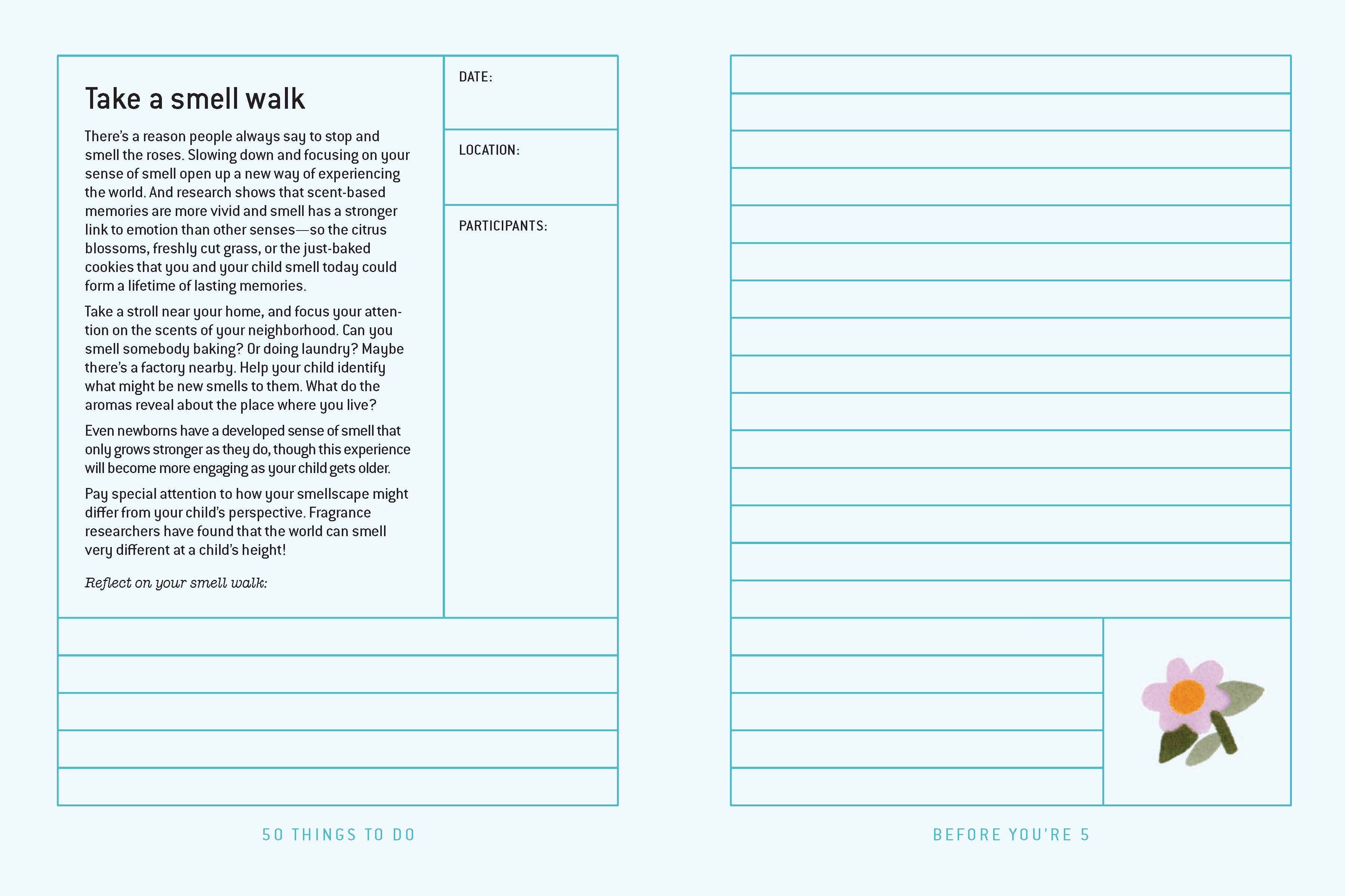 Take a smell walk activity page for kids with reflection prompts and flower illustration, part of '50 Things to Do Before You're 5'
